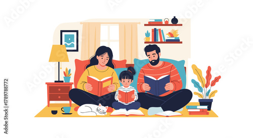 Happy family of three and their cat enjoying a quiet moment at home, reading books together in the living room.