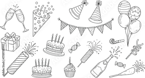 Birthday Elements Sketch Cakes, Balloons, Confetti, Gift, Hats, and Champagne