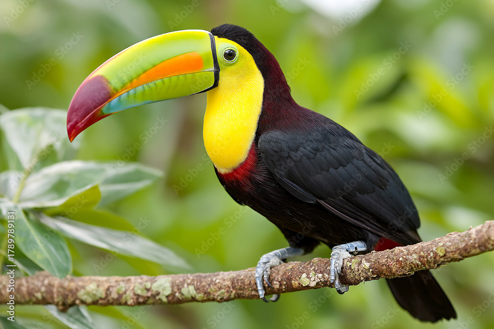 Naklejka premium Brightly colored toucan perched on a tropical branch in a lush setting Generative AI