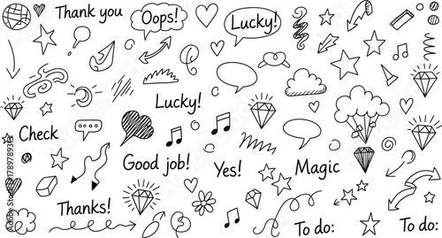 Black and White Doodles featuring Words, Diamonds, Arrows, Hearts on Transparent Background