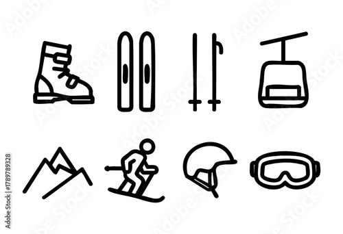 This collection showcases essential skiing gear including boots, skis, poles, a ski lift, mountains, a skier, a helmet, and goggles. Perfect for anyone preparing for winter sports activities.