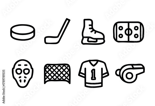 Various hockey-related icons are displayed, showcasing the essential gear and equipment. Included are a puck, skates, a goalie mask, and a whistle, highlighting the game elements.