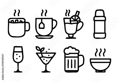 A collection of simple icons illustrates different drinks, including hot beverages like tea, cocktails, and beers, emphasizing variety for gatherings and celebrations.