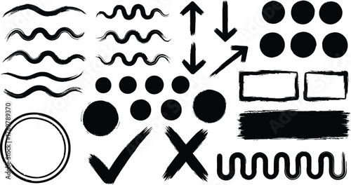 Black Grunge Brush Strokes Set with Arrows, Shapes, Tick, Cross on White Background