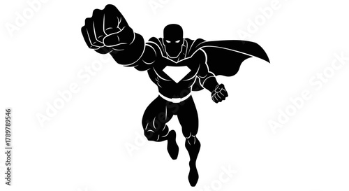 Superhero silhouette in flight powerful vector illustration of a comic book hero isolated on white background