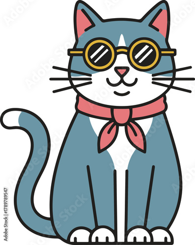 a light blue and white cat wearing round gold-rimmed glasses and a pink neckerchief, sitting and smiling.