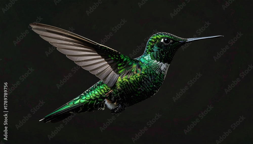 Obraz premium Metallic green hummingbird hovering, isolated solid black background