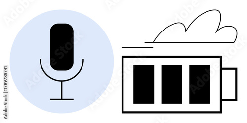 Microphone with a device highlights voice recording. Battery with cloud represents storage, energy, remote access. Ideal for communication, technology, podcasting, cloud tech, power mobility simple