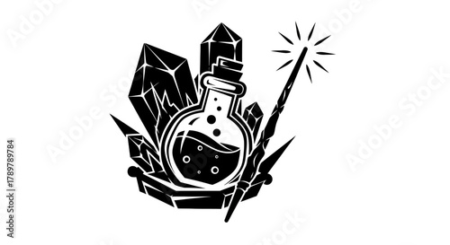 Magic potion bottle with crystals and wand vector illustration for fantasy and witchcraft themes isolated on white background