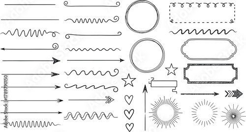 Black Outline Hand Drawn Arrow Heart Star and Frames on Transparent Background