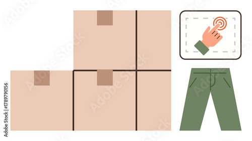 Stacked boxes, a touch screen for order management or product selection, and trousers. Ideal for e-commerce, logistics, clothing retail, inventory, delivery systems purchasing and trade. Simple