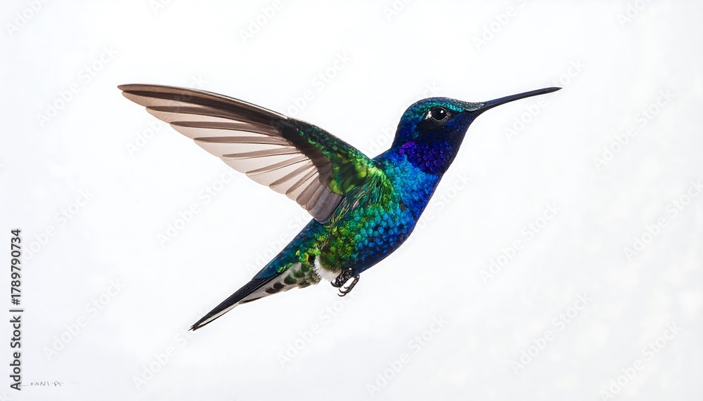 Obraz premium Multi-colored hummingbird hovering gracefully, isolated bright white. 