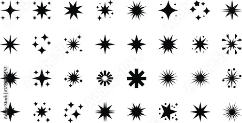 Black Star Icons Set. Sparkle Shapes, Burst Elements, Shine Symbols on Transparent Background
