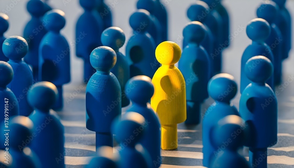 Fototapeta premium Yellow wooden figure standing out among blue figures, symbolizing individuality, uniqueness, leadership, diversity, and standing out from the crowd in business or society.