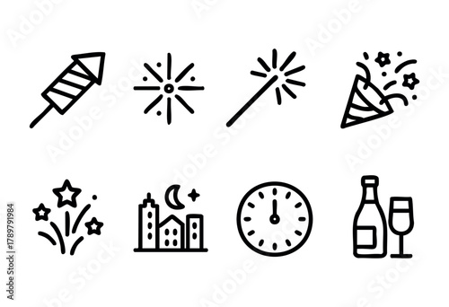 Decorative icons showcase elements of celebration for New Year's Eve, including fireworks, sparklers, and party hats. These symbols capture the excitement and joy typical of midnight festivities.