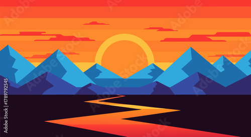 Vibrant Sunset Over a Mountain Range With a Winding River Reflecting the Fiery Sky