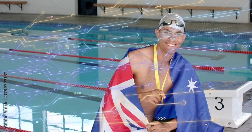 Obraz premium Swimmer sitting at pool beside block 3, wearing cap, gold medal, draping national flag, copy space
