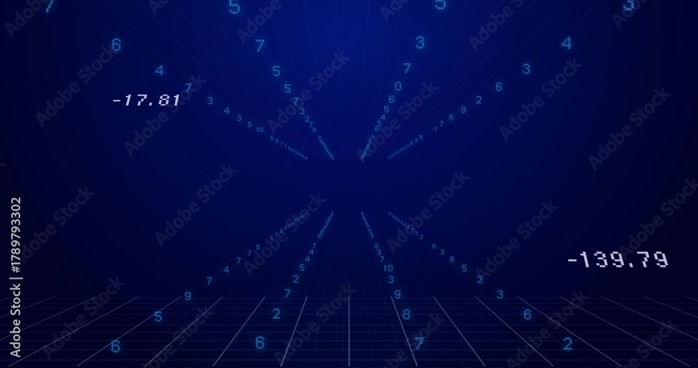Fototapeta premium Showing central numeric tunnel converging toward center in 3D grid plane with labels -17