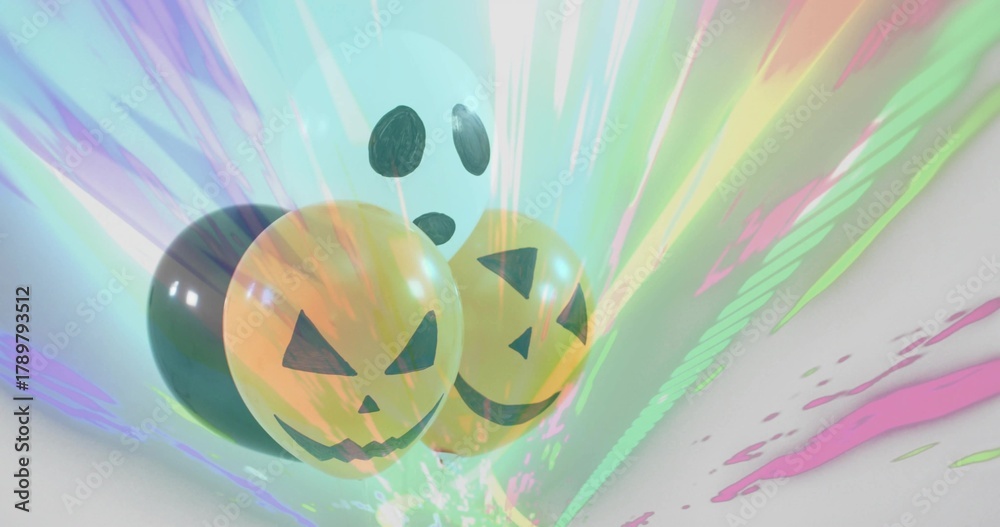 Fototapeta premium Floating Halloween balloons showing two orange pumpkin faces and white ghost in studio, pastel rays