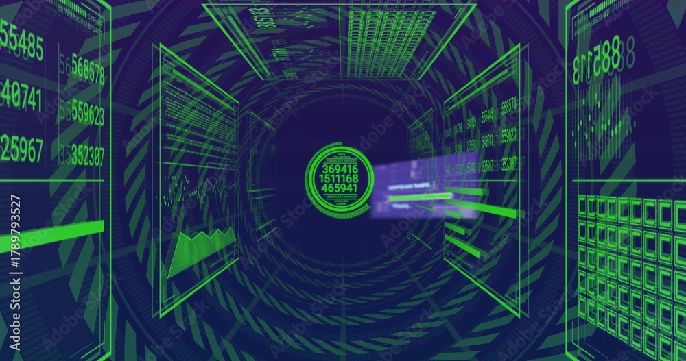 Obraz premium Glowing central data node pulsing in virtual 3D tunnel, displaying holographic panels and numbers