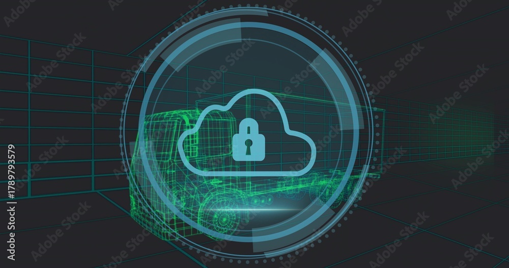 Fototapeta premium Displaying central cloud lock inside circular HUD in 3D grid, showing neon green wireframe truck