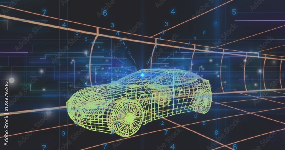 Fototapeta premium Rotating wireframe sedan floating inside virtual tunnel, showing numeric overlays and glowing nodes