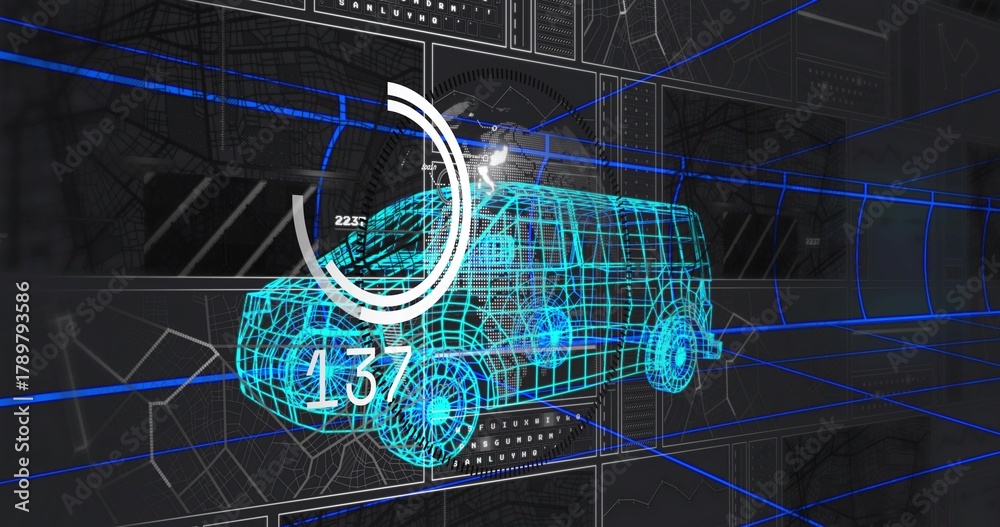 Fototapeta premium Displaying cyan wireframe van model hovering in virtual design workspace, with circular gauge 137