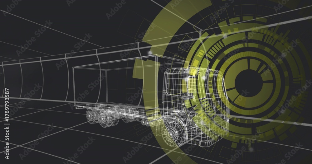 Fototapeta premium Rotating wireframe semi-truck showing wheel and chassis topology over grid floor, HUD overlays