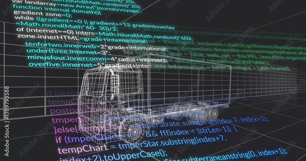 Fototapeta premium Rendering wireframe truck tractor cab chassis floating in virtual 3D grid tunnel, neon code overlay