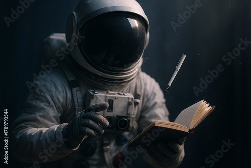Astronaut Reading in Microgravity with Floating Pen — Cinematic Close-Up STEM Education Concept (No Logos)