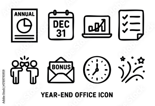 Illustration showcases various elements related to year-end office activities, including planning, celebrations, and final assessments as the year concludes on December 31.