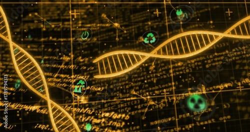 Displaying golden DNA helix occupying center in lab visual, with luminous rungs and green icons