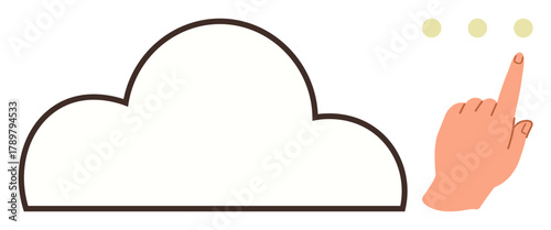Hand pointing at three dots positioned next to a cloud shape suggesting cloud interaction, technological access, or data connectivity. Ideal for technology, data storage, simplicity, minimalism, user