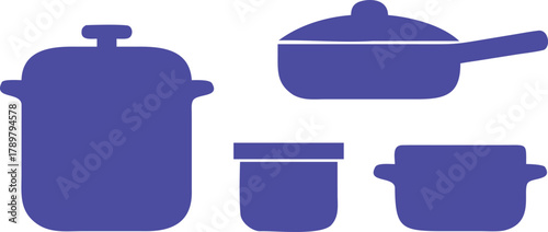 Blue Kitchen Cookware Icons. Solid, filled icon set of kitchen cookware