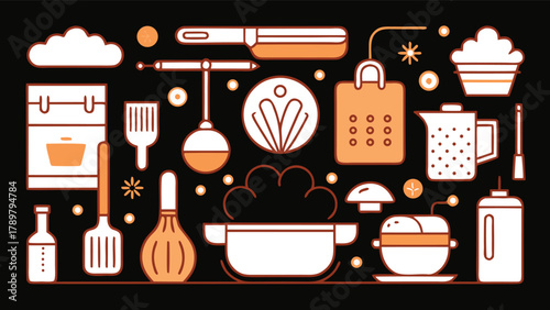 Kitchen and cooking line icons set on black