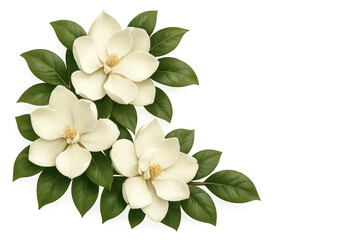 White magnolia flowers creating a beautiful floral corner border, blooming with green leaves, transparent background