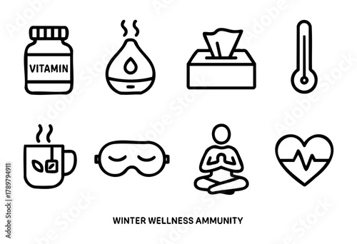 Set of icons representing winter wellness; includes vitamins, tea, a humidifier, tissues, a thermometer, relaxation, sleep mask, and heart health. Perfect for promoting healthy habits.