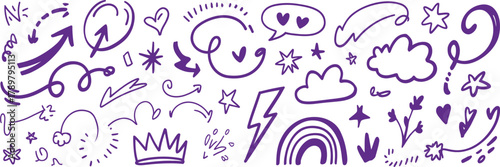 Red marker doodle set with hand drawn underlines, stars, arrows, and emphasis elements. Vector illustration on chalkboard style background, ideal for text highlights, office notes, web design, 