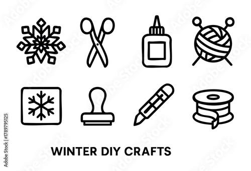 Explore a collection of winter DIY crafts featuring snowflakes, yarn, scissors, glue, and other materials perfect for seasonal creativity and enjoyment.