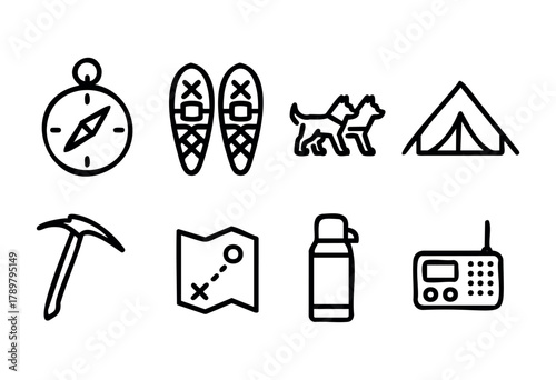 A collection of essential outdoor tools is displayed, including a compass, snowshoes, dogs, a tent, an ice pick, a map, a water bottle, and a radio, ideal for hiking and camping.