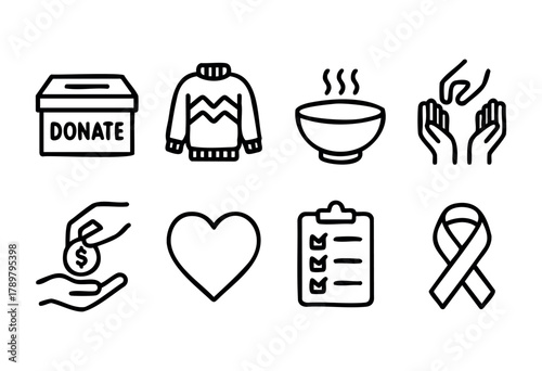 Various icons depict acts of kindness, including donation boxes, warm food, helping hands, and symbols of love and care. These elements symbolize community support and compassion.