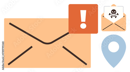 Large envelope with alert exclamation, smaller phishing email envelope with skull motif, and location pin. Ideal for communication, email risk, phishing, digital security, fraud, navigation