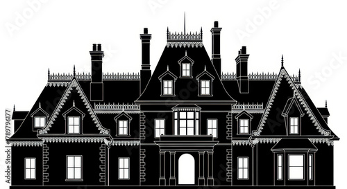 Detailed silhouette of a grand Victorian-era mansion showcasing intricate architectural features