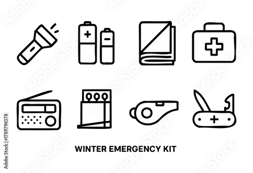 This winter emergency kit includes a flashlight, batteries, a blanket, a first aid kit, a radio, a whistle, and a multi-tool. These tools are crucial for staying safe during winter emergencies.