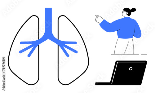 Lungs with bronchial structure, person pointing, laptop interaction. Ideal for healthcare, technology, education, remote work, communication lung health awareness innovative solutions. Simple flat