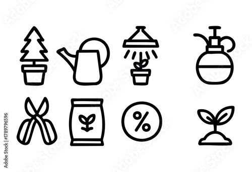 Various gardening tools and symbols are displayed, featuring a watering can, potted plants, and gardening supplies. Each item represents essential activities for caring for plants and promoting growth