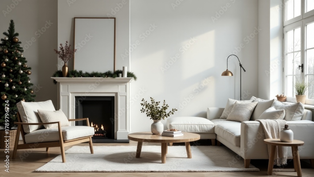 Fototapeta premium A warm and inviting living room decorated for Christmas, featuring a beautifully lit tree and comfortable furnishings