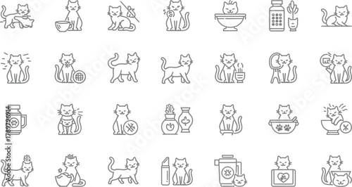 Collection of Gray Outline Cat Icons on White Background, Domestic Feline Line Art
