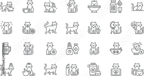 Fototapeta Collection of Gray Outline Cat Icons on White Background, Domestic Feline Line Art