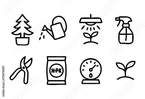 Various symbols represent essential gardening activities including watering, fertilizing, and caring for plants. Tools like scissors and spray bottles illustrate maintenance and growth.